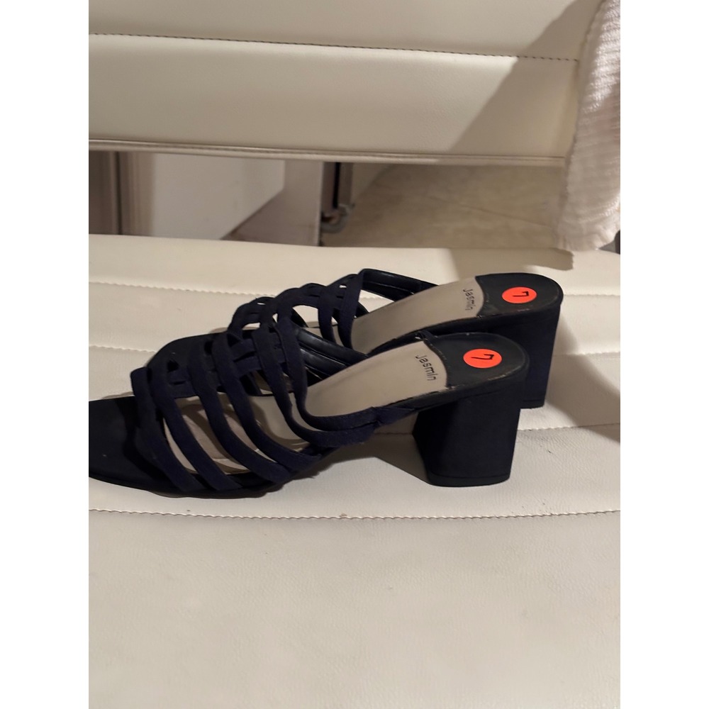 Jasmin Womens Navy Blue Strappy Block Heel Slide Sandals Square Toe Mules Size 7